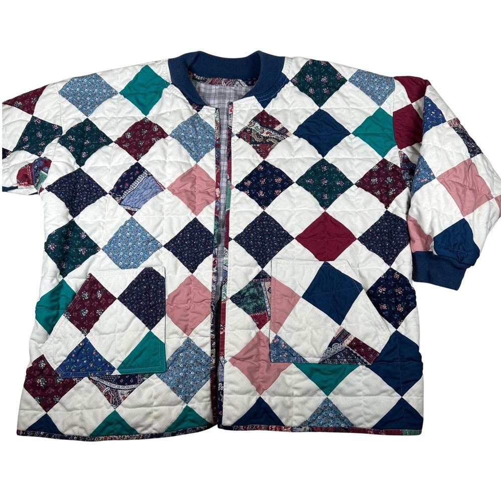 Handmade Vintage 90s Patchworkโ Quilt Jacket Floral Diamond Pattern XL Granny
